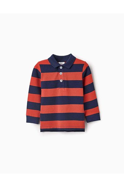 Ziddy COTTON STRIPED POLO FOR BABY BOYS, ORANGE/NAVY BLUE