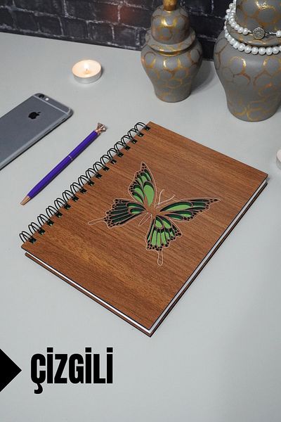 markcat Butterfly Themed Lined Notebook with Wooden Cover - Agenda and School Notebook (A5 - 120 Pages)