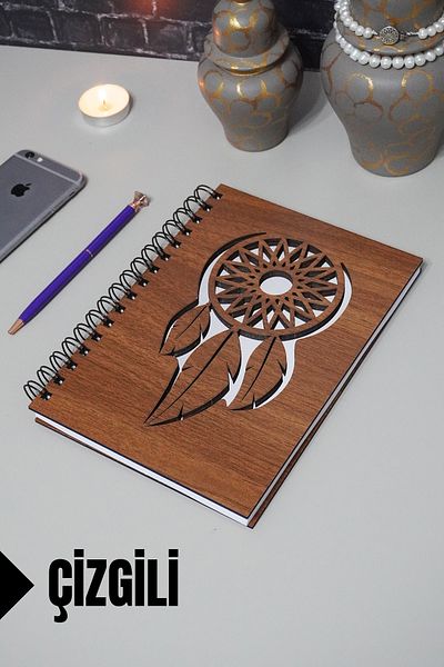 markcat Caiet din lemn cu tematică Dream Catcher - Caiet cu rigle - Agenda - Caiet școlar (A5 - 120 coli)