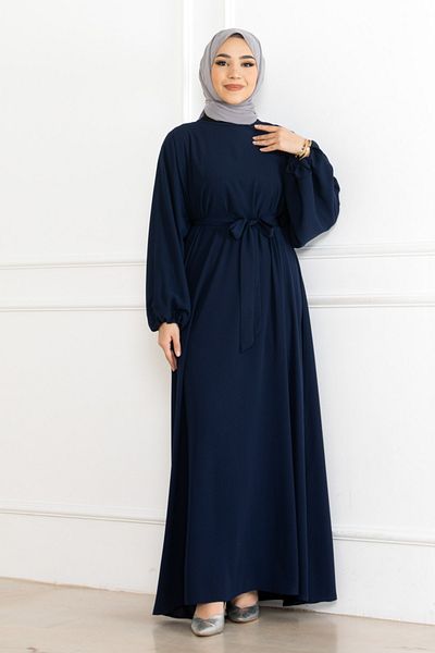 KADEEM Balloon Sleeve Rubberized Standard Dress-Navy Blue