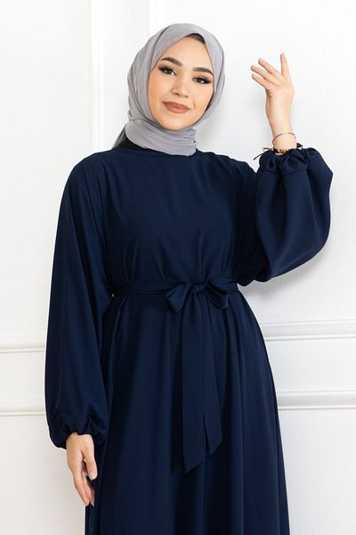 KADEEM Balloon Sleeve Rubberized Standard Dress-Navy Blue