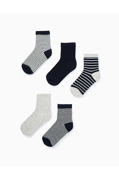 Ziddy PACK OF 5 PAIRS OF PLAIN/STRIPED SOCKS FOR BOYS GREY/DARK BLUE