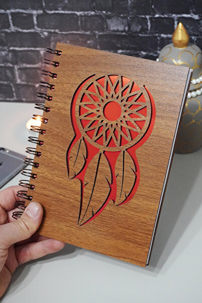 markcat Dream Catcher Themed Wooden Cover Notebook - Lined Notebook - Agenda - School Notebook (A5 - 120 Sheets)