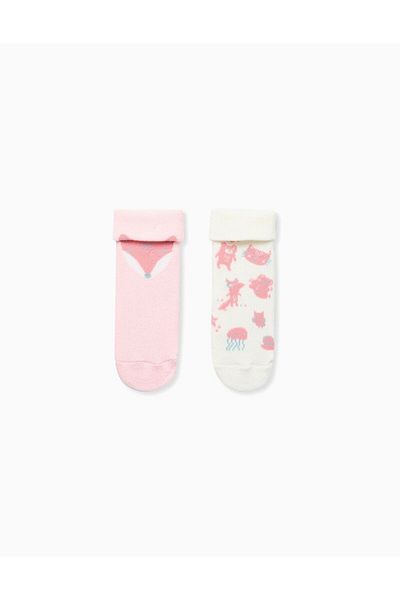 Ziddy PACK OF 2 NON-SLIP SOCKS FOR GIRLS 'FOX', WHITE/PINK