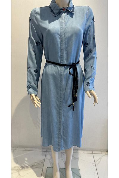 Kayra Shirt Collar Long Tunic with Embroidery Cuffs Button
