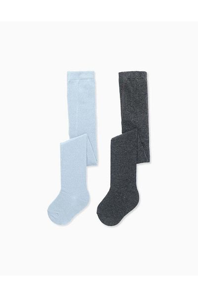 Ziddy PACK OF 2 PLAIN TIGHTS FOR BABY GIRLS, GREY/BLUE