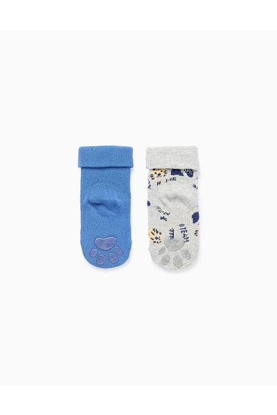 Ziddy PACK OF 2 NON-SLIP SOCKS FOR BABY BOYS 'TIGER', GREY/BLUE