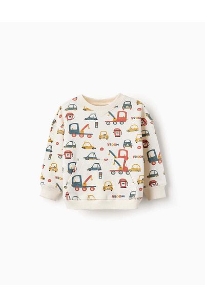 Ziddy COTTON SWEATSHIRT FOR BABY BOYS 'VEHICLES' BEIGE