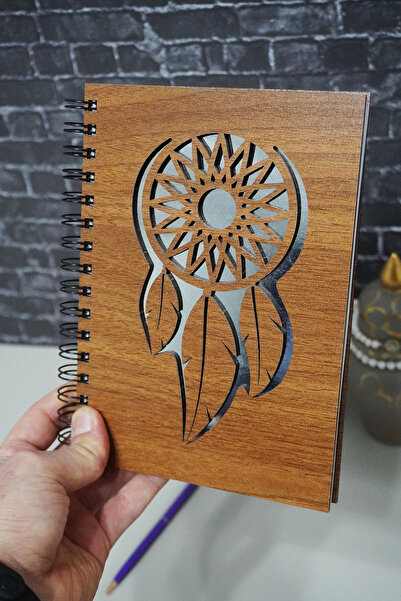markcat Dream Catcher Themed Wooden Cover Notebook - Lined Notebook - Agenda - School Notebook (A5 - 120 Sheets)