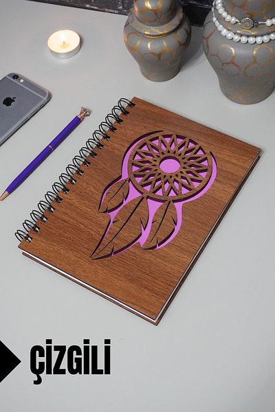 markcat Σημειωματάριο με θέμα το Dreamcatcher με ξύλινο κάλυμμα - Σημειωματάριο με γραμμές - Ατζέντα - Σχολικό Σημειωματάριο (A5 - 120 Σελίδες)