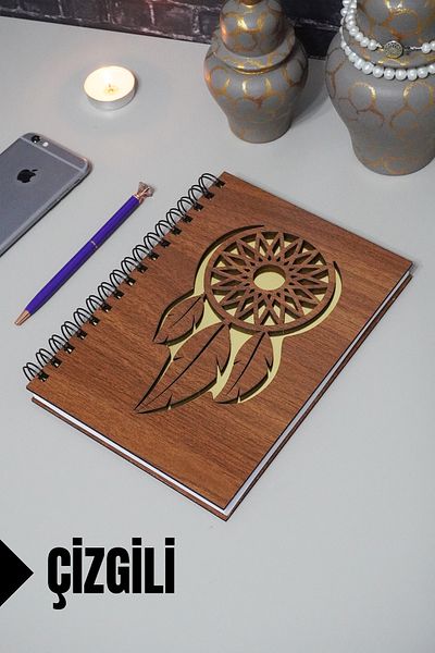 markcat Caiet din lemn cu tematică Dream Catcher - Caiet cu rigle - Agenda - Caiet școlar (A5 - 120 coli)