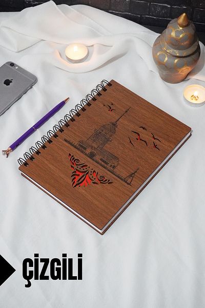 markcat Maiden's Tower Themed Wooden Cover Notebook - Lined Notebook - Agenda - School Notebook (A5 - 120 Sheets)