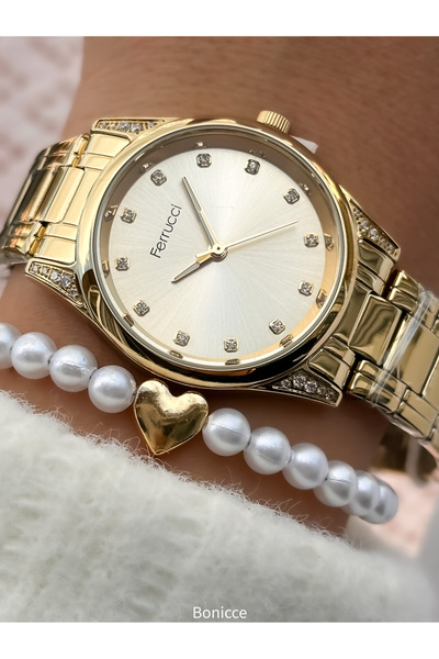 Ferrucci ساعة يد نسائية بحزام فولاذي باللون الأصفر + سوار مرصع باللؤلؤ