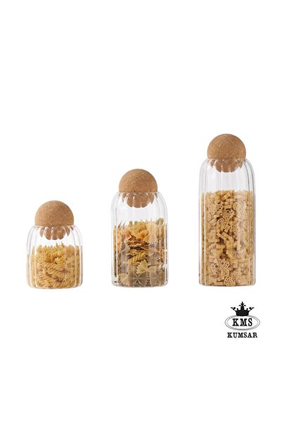 kmskumsar 3' Lü Bambu Kapaklı Mantar Kulplu Cam Saklama Kavonoz Seti