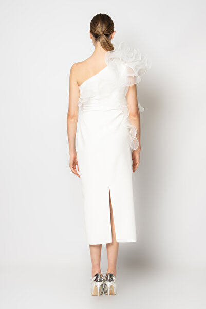 RENGIN Yakası ve tek omzu organze fırfırlı krep abiye elbise