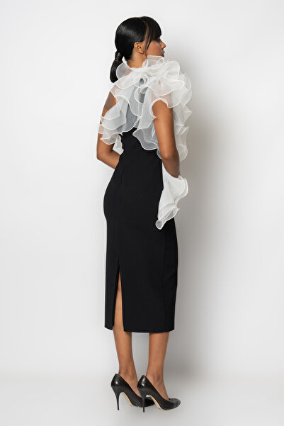 RENGIN Yakası ve tek omzu organze fırfırlı krep abiye elbise