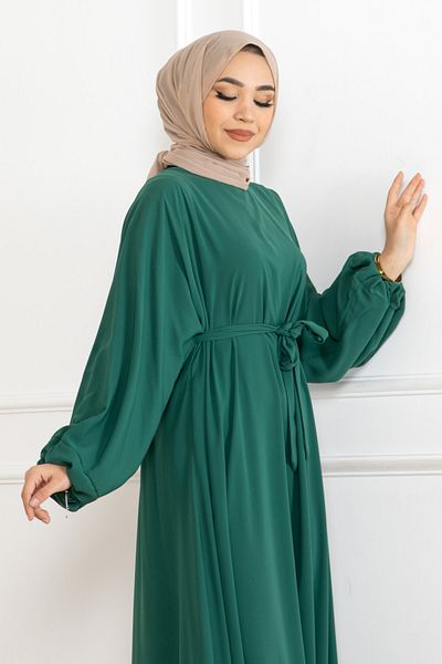 KADEEM Balloon Sleeve Rubberized Standard Dress-Khaki Green