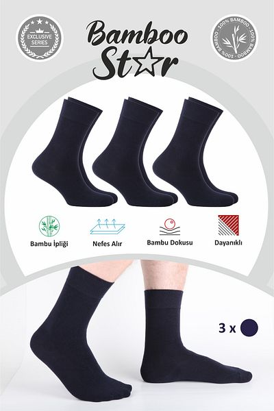 bamboo star Bamboo Men's Socket Long Plain Navy Blue Seamless 3-Piece Premium Boxed Socks