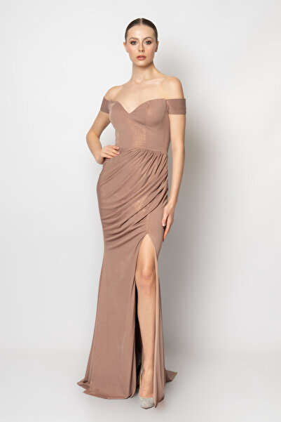 RENGIN Belden verev büzgülü kalp yakalı simli örme abiye elbise