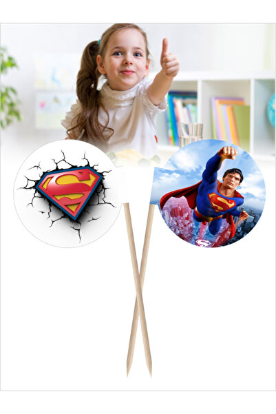 Superman Logo Baskılı Kahvaltı ve Yemek Kullanımlarına Uygun Bayrak Kürdan - 10 cm 30 adet