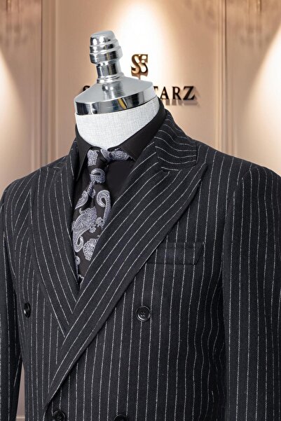 Salihtarzz Men's Mono Collar Striped Black Double Breasted Coat Sd42123