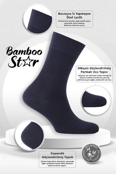 bamboo star Bamboo Men's Socket Long Plain Navy Blue Seamless 3-Piece Premium Boxed Socks