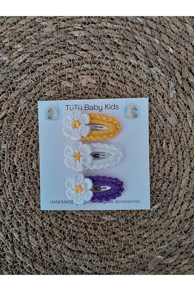 Accessories Бебешки и детски комплект от 3 броя закопчалки с фигурка на маргаритка, изплетени на ръка
