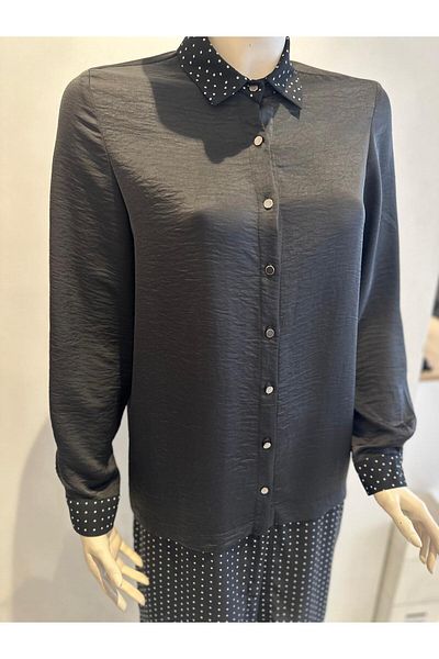 GARNİ Shirt Collar Button Closure Polka Dot Black Tunic