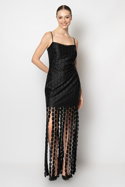 RENGIN Eteği saçaklı daire desen kumaşlı abiye elbise