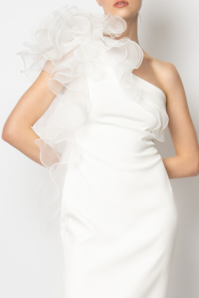 RENGIN Yakası ve tek omzu organze fırfırlı krep abiye elbise