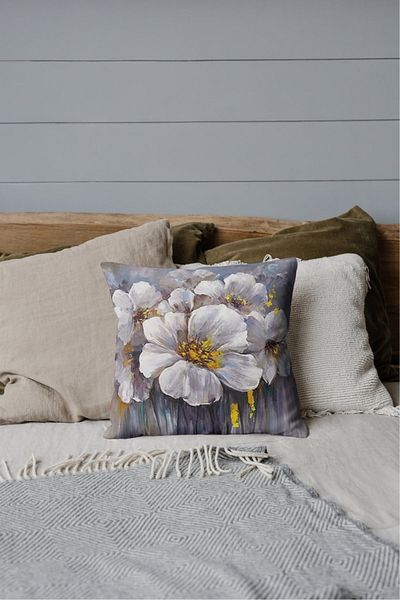 Home White Floral Patterned Digital Printing Rachel Fabric 45X45 Single Throw Pillow Cover