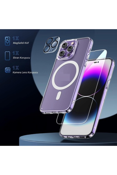Evax (3'ü 1 ARADA) iPhone 14 Pro Max Uyumlu 1 MagSafe Kılıf + 1 Ekran Koruyucu + 1 Kamera Lens Koruyucu