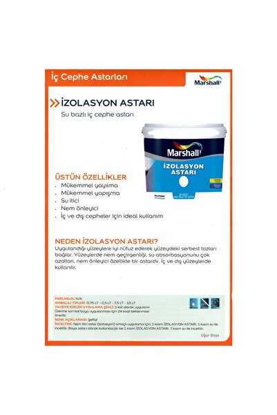 Marshall 1:7 Konsantre Binder Izolasyon Astarı 2.5 Litre Şeffaf