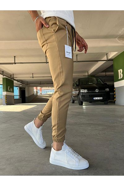 hello7 Men's Camel Color Slim Fit Quality Jogger Trousers with Elastic Legs
