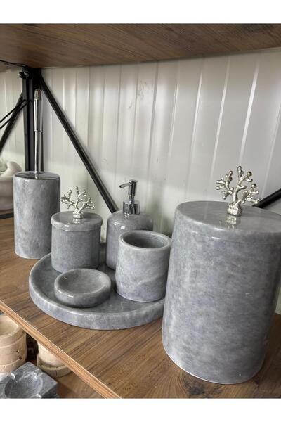 ERŞATIRTAŞ Gray 7 Pcs Fashionable Bathroom Set with Natural Stone Silver Acce...
