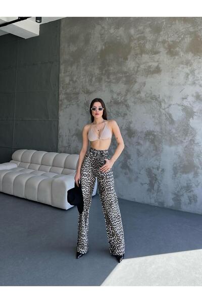 Linarose Γυναικείο παντελόνι Palazzo Lycra με ψηλό στάμπα με φαρδύ πόδι