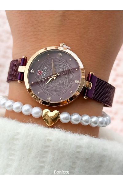 Reward Brand Purple Color Steel Cord Rose Case Women's Wrist Watch+Pearl Bracelet