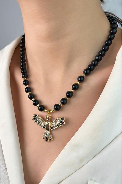 Sose Moda Black Phönix Black Bead Necklace with Black Phönix - Black