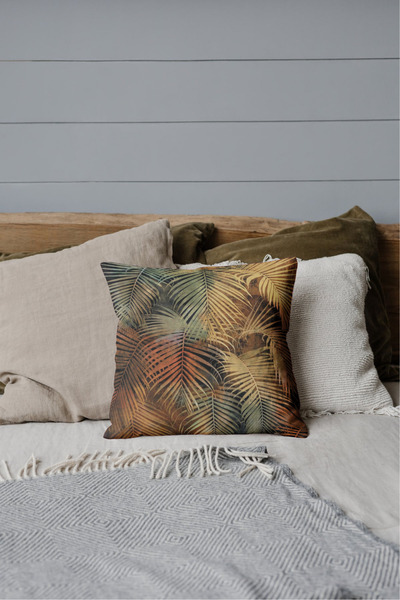 Home Rachel Fabric Set of 4 - Gold and Green Palm Pattern Digital Printed Throw Pillow Cover (45X45)
