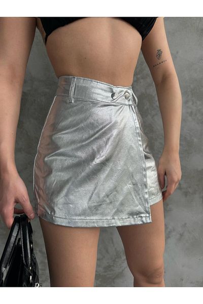 Linarose Women's Gray Button Detailed Gabardine Mini Shorts Skirt