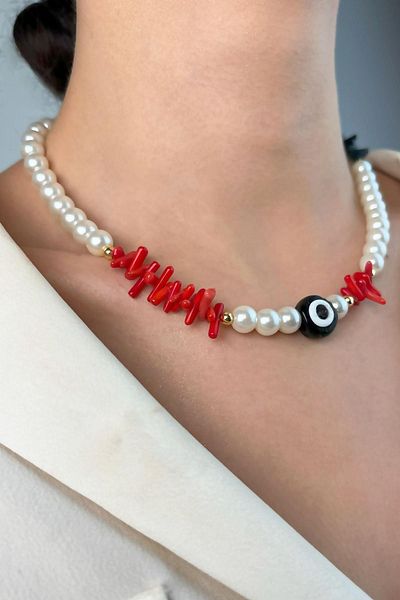 Sose Moda Broken Natural Stone Pearl Necklace with Evil Eye Beads - White