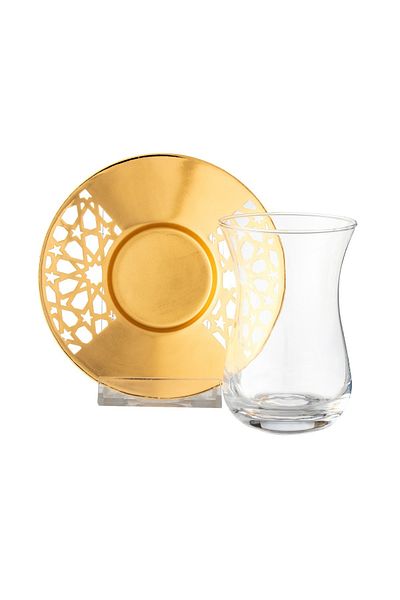 Dania A tea set  6 tea cups & 6 saucers, metal, golden color, + an engraving on the saucer