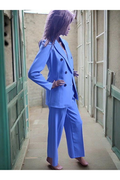 modayiğit Indigo mavi ceket pantolon kadın takım 6 düğmeli