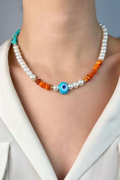 Sose Moda Coral Natural Stone Pearl Necklace with Evil Eye Beads - White