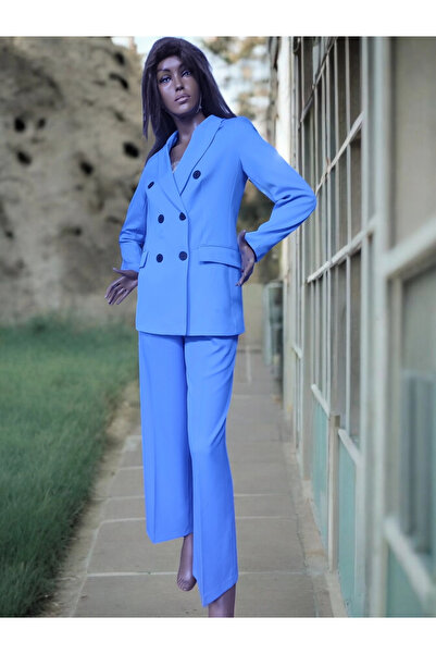 modayiğit Indigo mavi ceket pantolon kadın takım 6 düğmeli