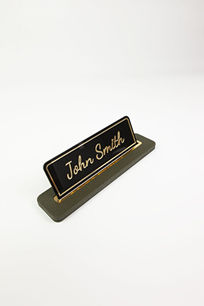 Turgut Office Leather Table Nameplate Khaki Green with Gold Detail