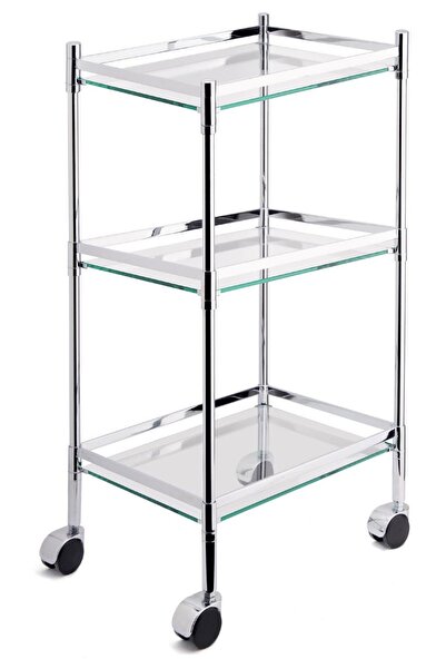 DİZAYNAKS Krom Tekerlekli Camlı Banyo Sehpası 3 raflı