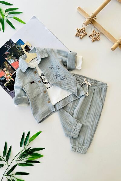 Minigimin Cicileri Basic Muslin Cotton Set for Baby Boy - 3 Pieces, Gray