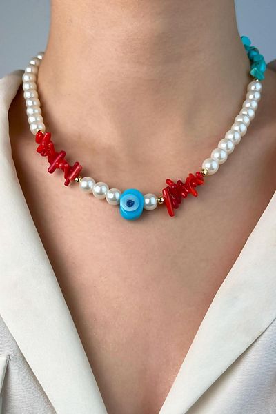 Sose Moda Coral and Turquoise Natural Stone Pearl Necklace with Evil Eye Beads - White