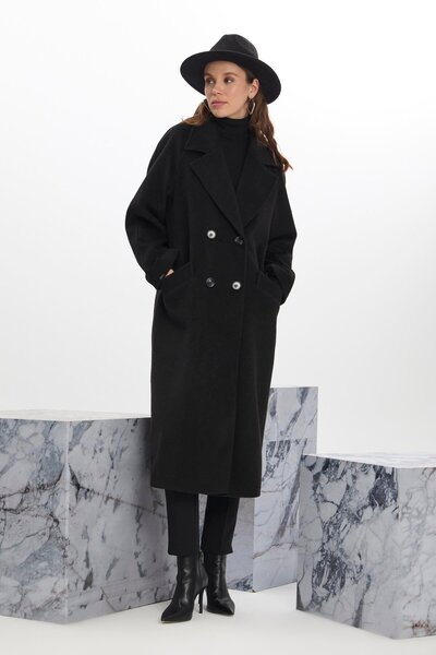 Zühre Kruvaze Yaka Cep Detaylı Kaşe Siyah Kaban 13300